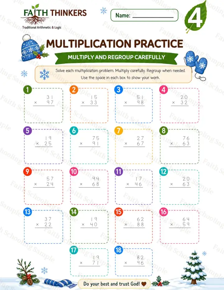 4th Grade math worksheet — Winter Multiplication Practice 2 (free printable)