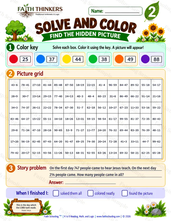 Grade 2 Solve And Color worksheet preview