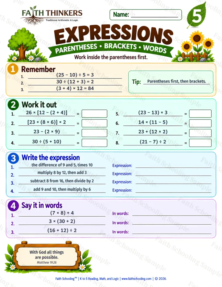 Grade 5 Expressions worksheet preview