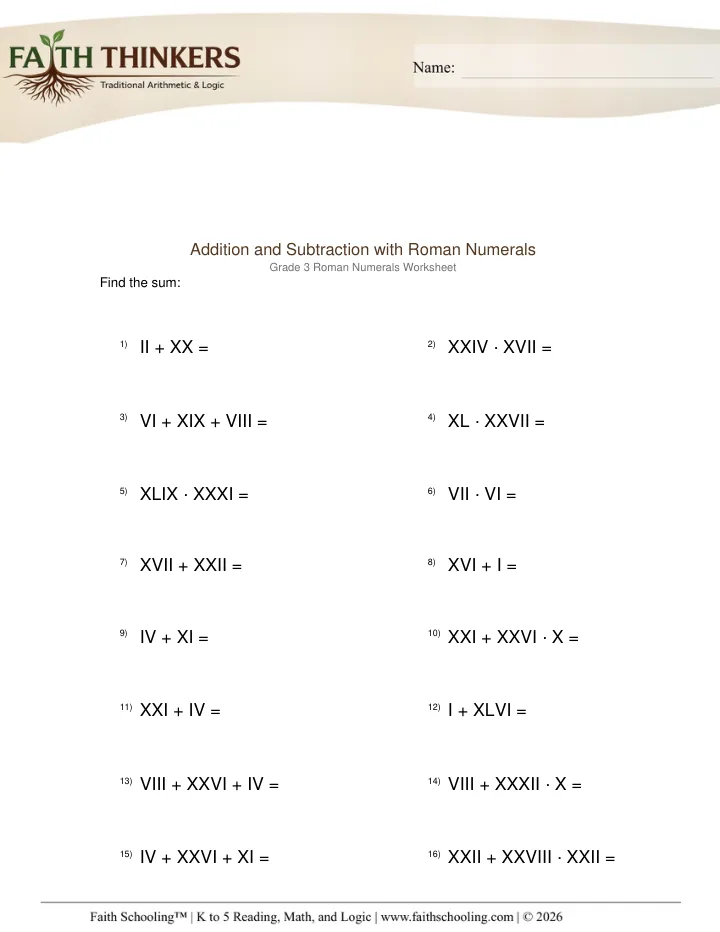Roman Numerals worksheet sample