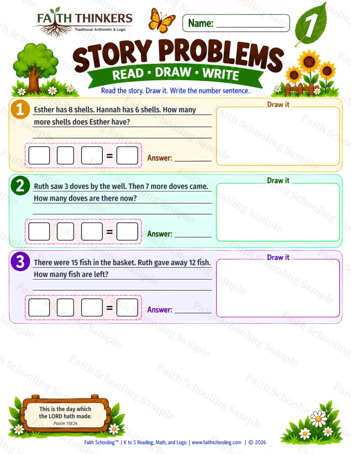 1st Grade math worksheet — Story Problems Practice 1 (free printable)