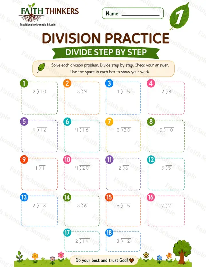 1st Grade math worksheet — Summer Division Practice 3 (free printable)
