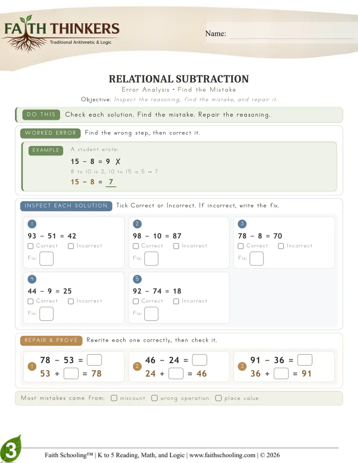 Error worksheet sample
