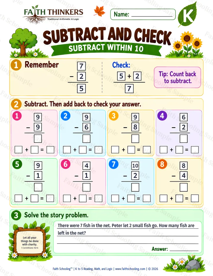 Kindergarten Subtract And Check worksheet preview