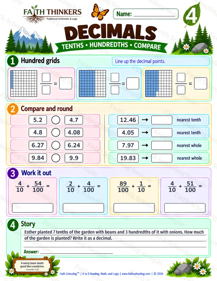 Grade 4 Decimals worksheet preview