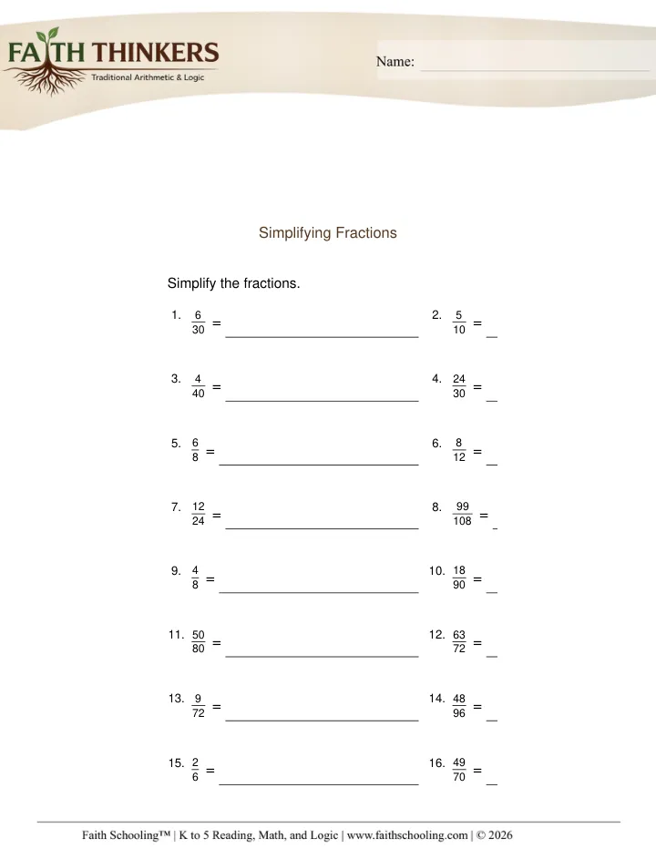Equivalent Simplifying Fractions worksheet sample