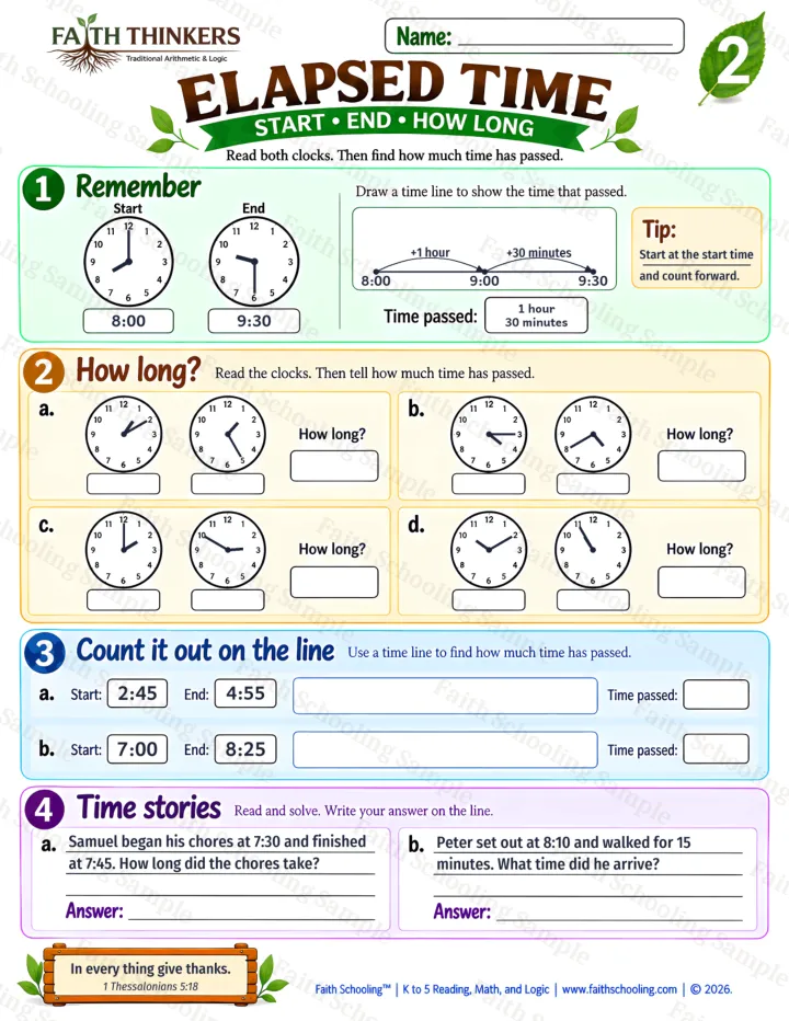 Grade 2 Elapsed Time worksheet preview