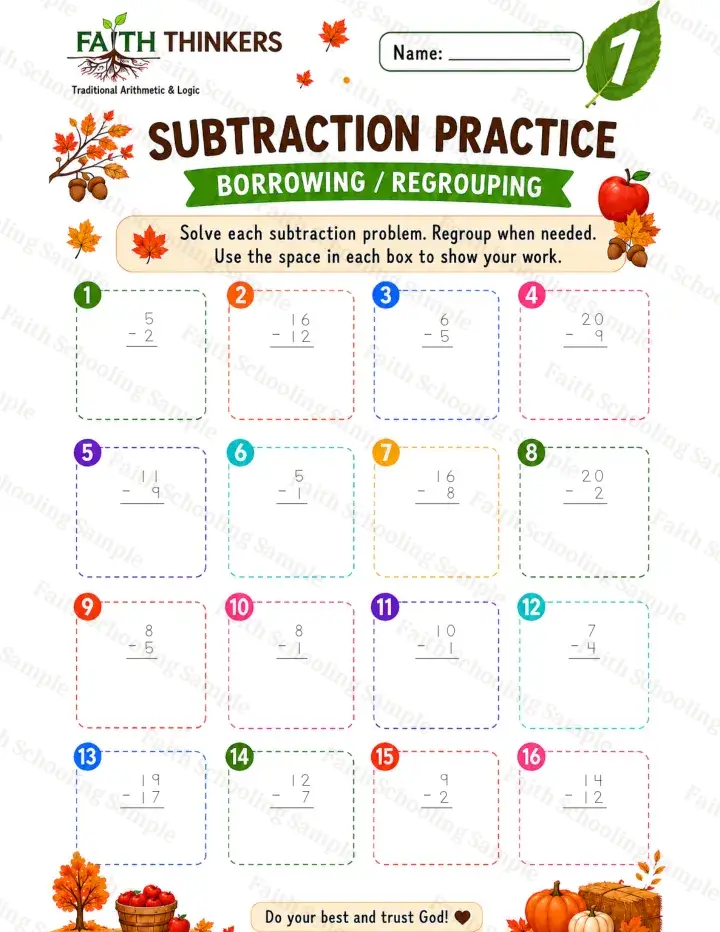 1st Grade math worksheet — Fall Subtraction Practice 1 (free printable)