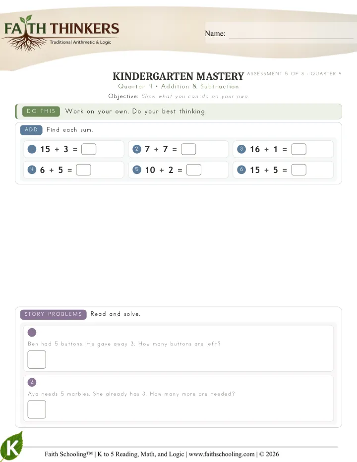 Addition Subtraction worksheet sample