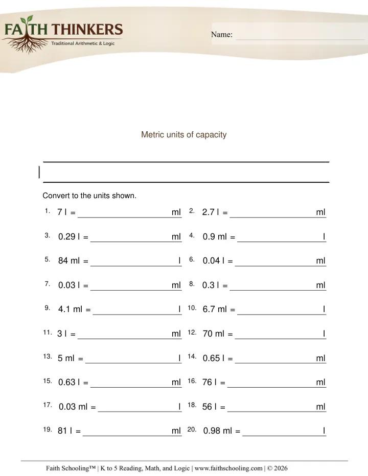 Capacity Volume worksheet sample