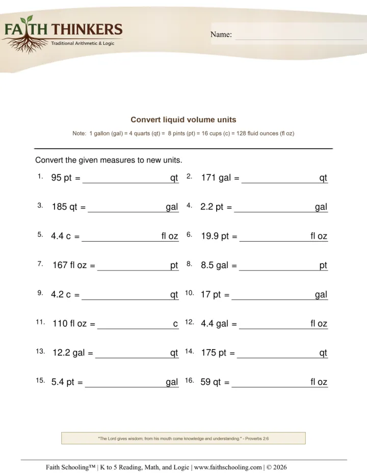 Converting Units worksheet sample