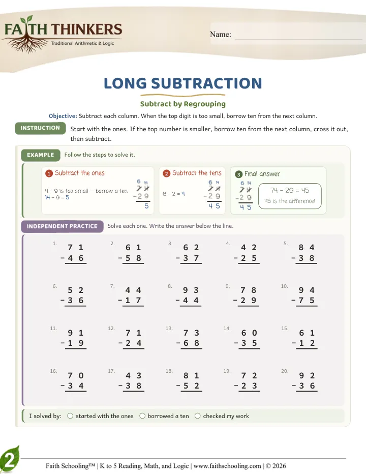 Longsubtraction worksheet sample