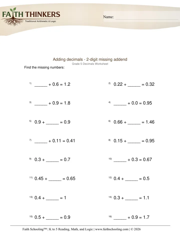 Decimals worksheet sample