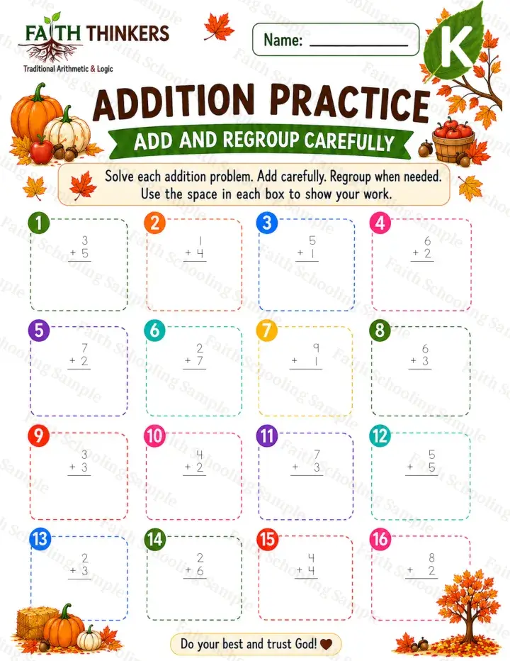 Kindergarten math worksheet — Fall Addition Practice 2 (free printable)