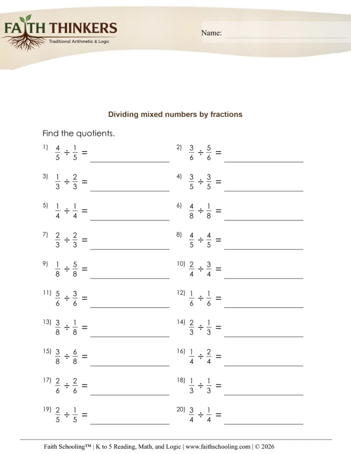 Dividing Fractions worksheet sample