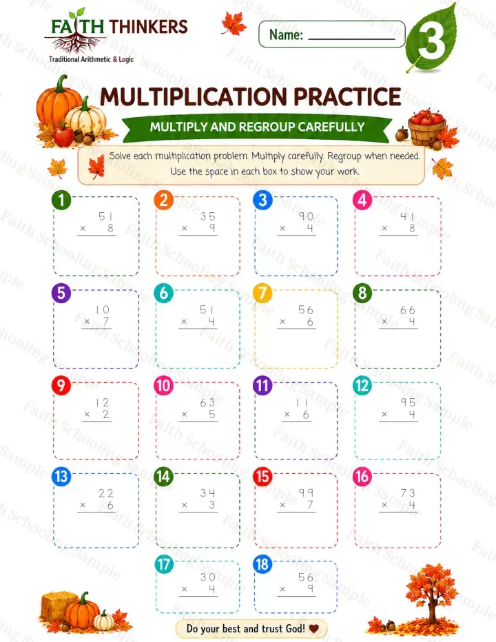 3rd Grade math worksheet — Fall Multiplication Practice 2 (free printable)