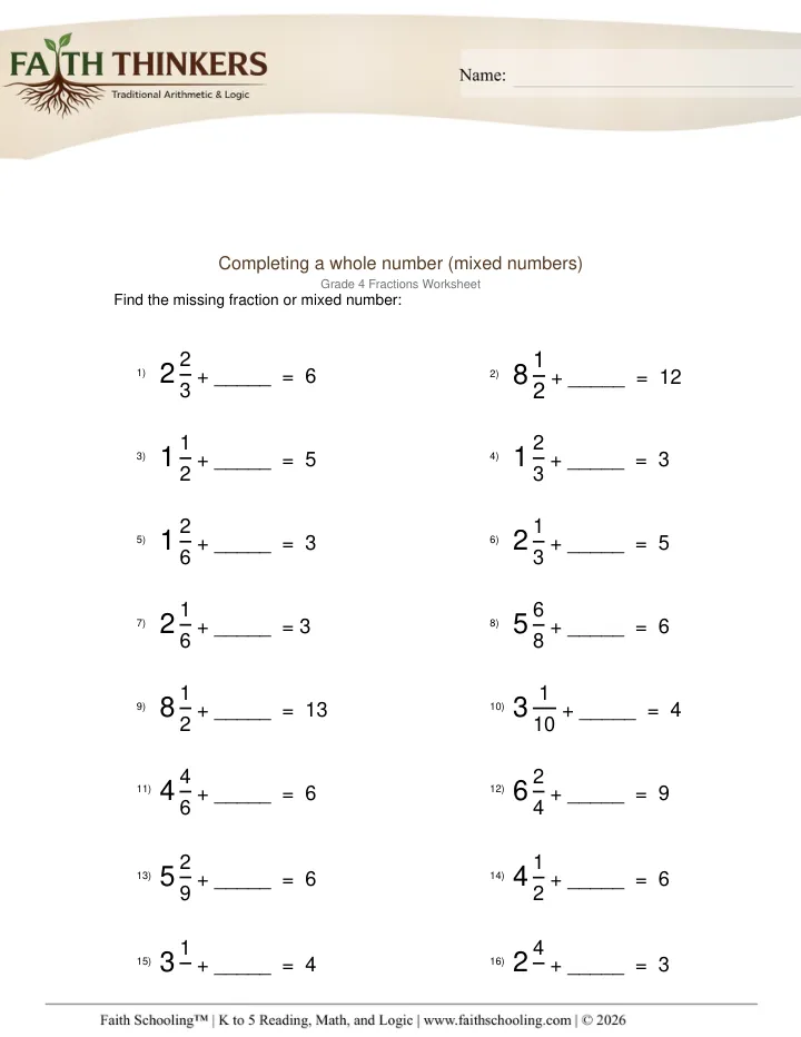 Adding Fractions worksheet sample