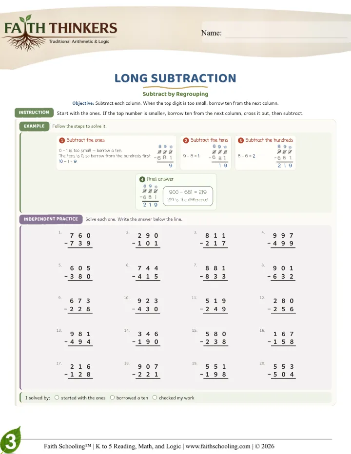 Longsubtraction worksheet sample