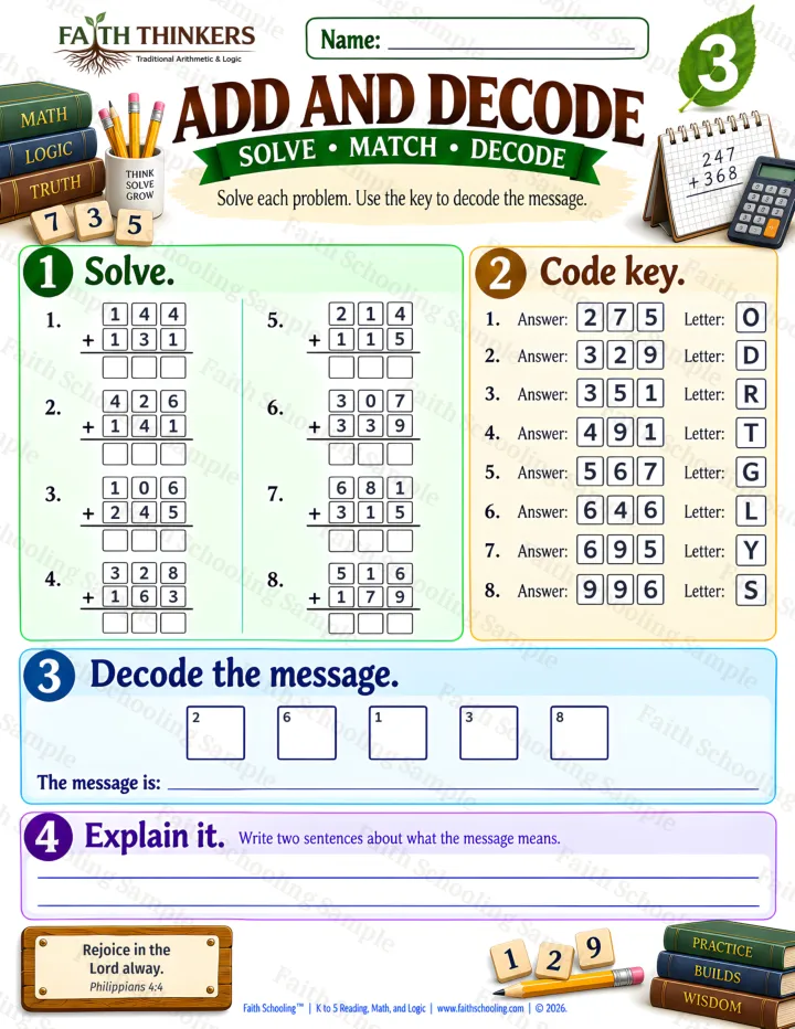 Grade 3 Add And Decode worksheet preview