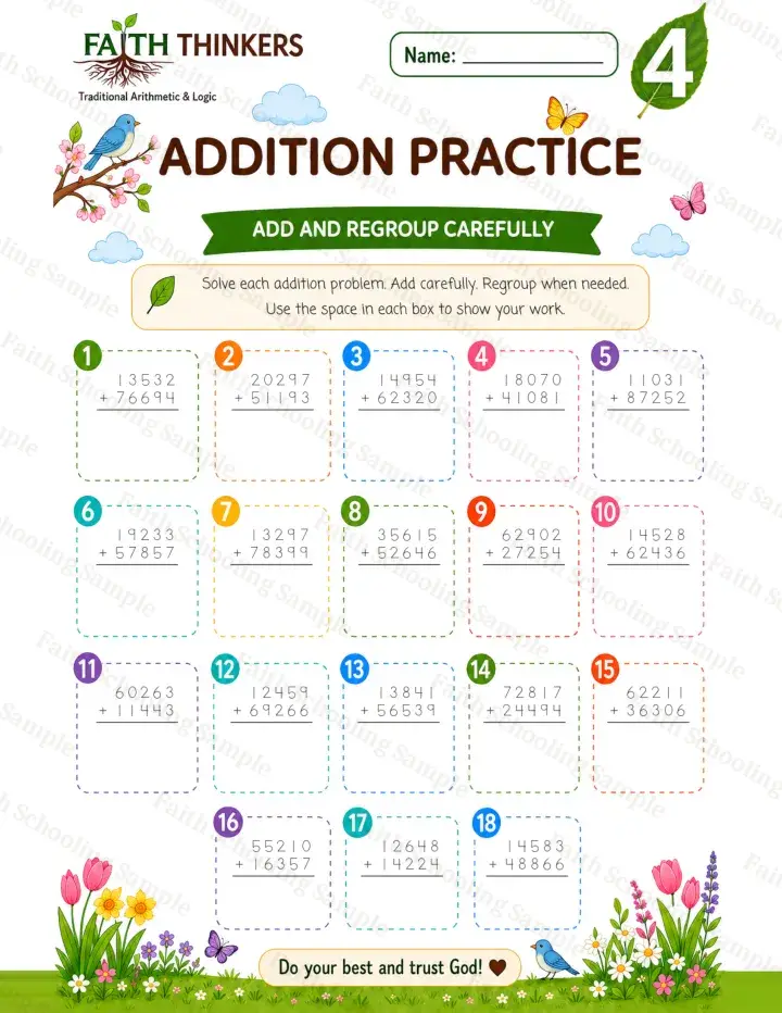 4th Grade math worksheet — Spring Addition Practice 3 (free printable)