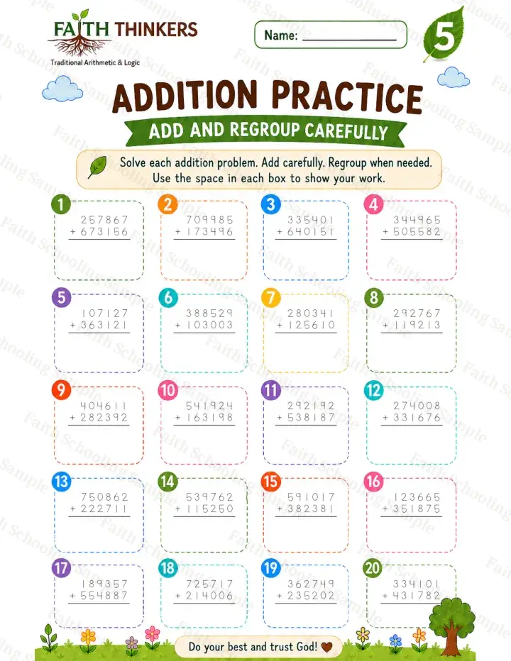 5th Grade math worksheet — Summer Addition Practice 1 (free printable)