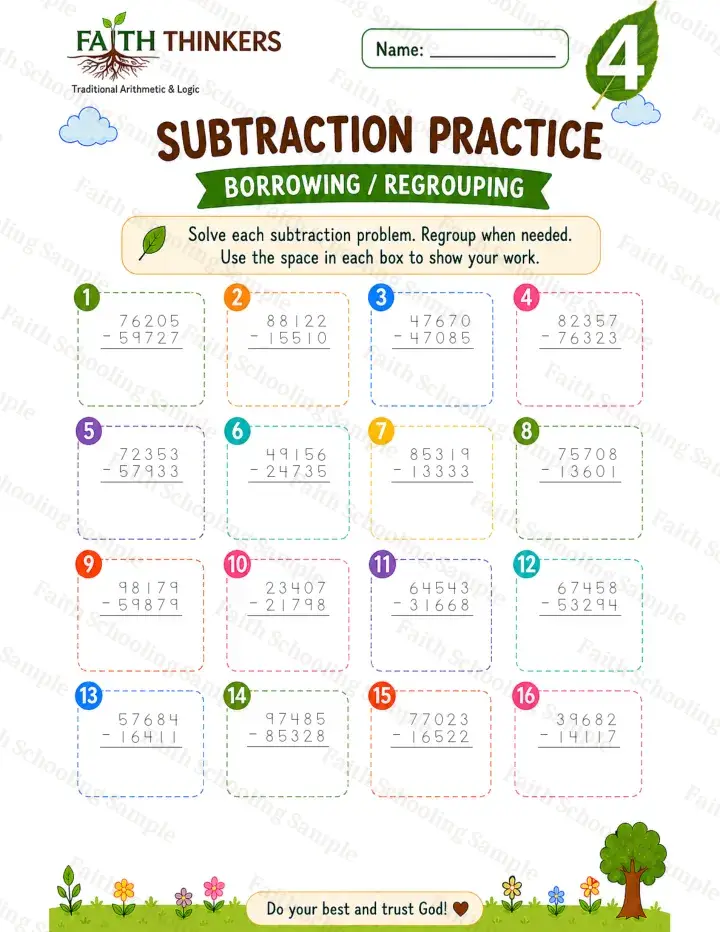 4th Grade math worksheet — Summer Subtraction Practice 3 (free printable)