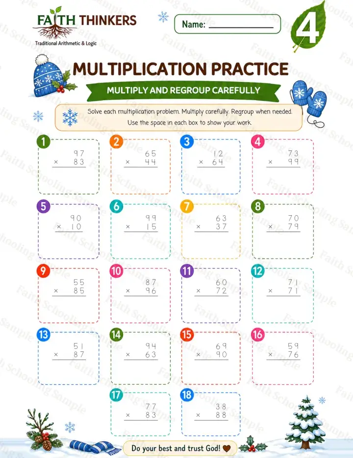 4th Grade math worksheet — Winter Multiplication Practice 1 (free printable)