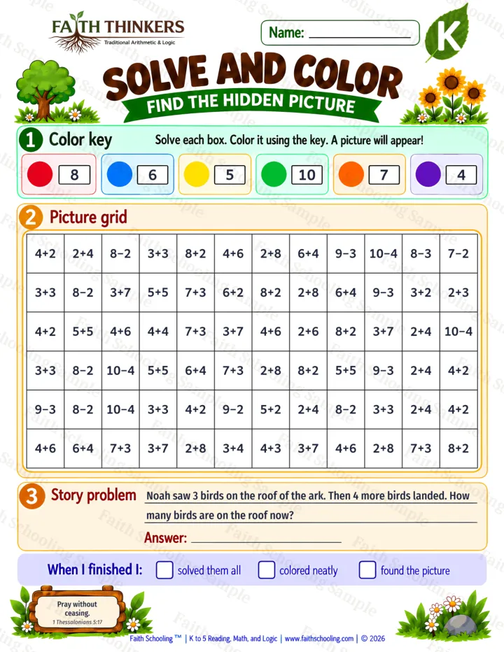Kindergarten Solve And Color worksheet preview