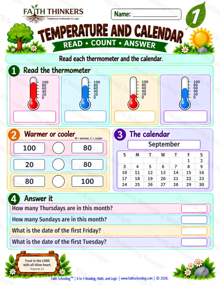 Grade 1 Temperature And Calendar worksheet preview