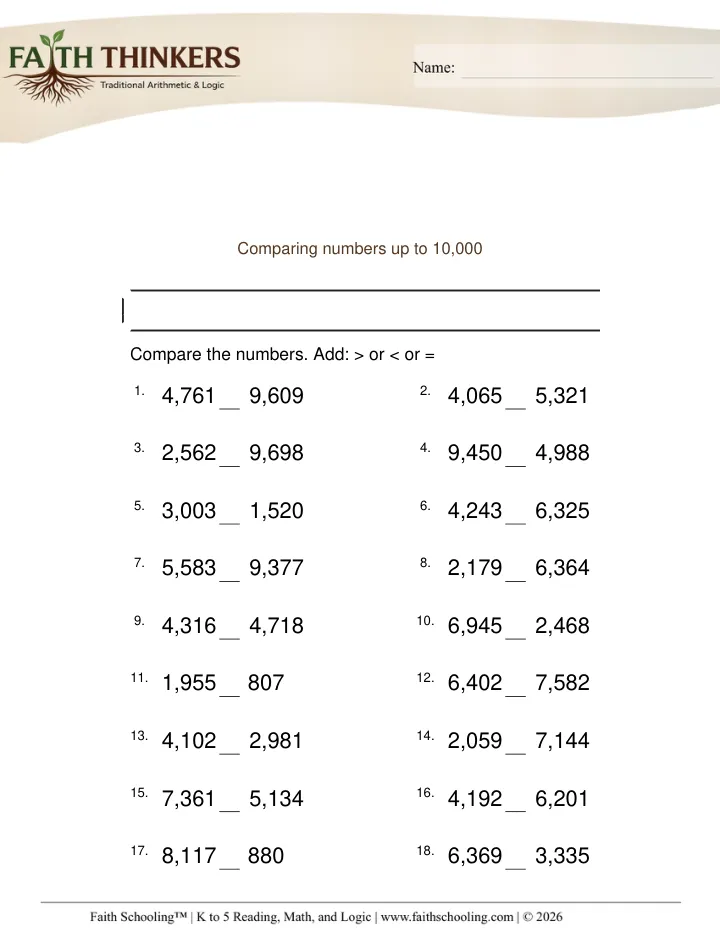 Comparing Ordering Numbers worksheet sample