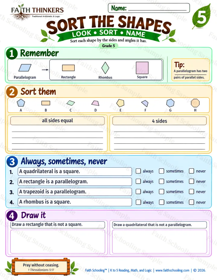 5th Grade math worksheet — Sort The Shapes Practice 1 (free printable)