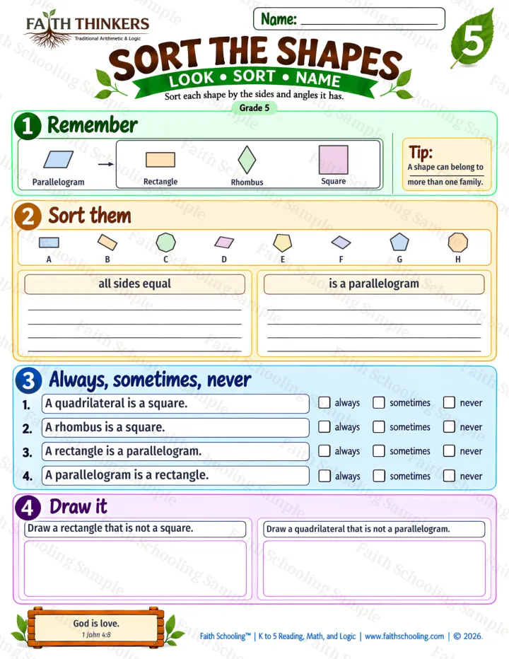 Grade 5 Sort The Shapes worksheet preview