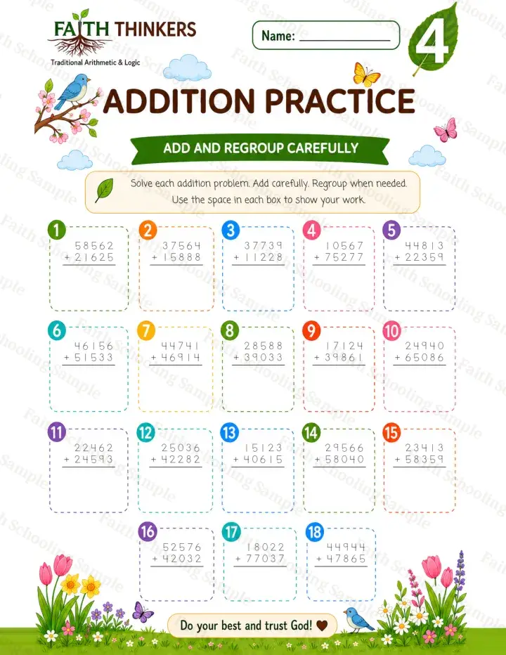 4th Grade math worksheet — Spring Addition Practice 1 (free printable)