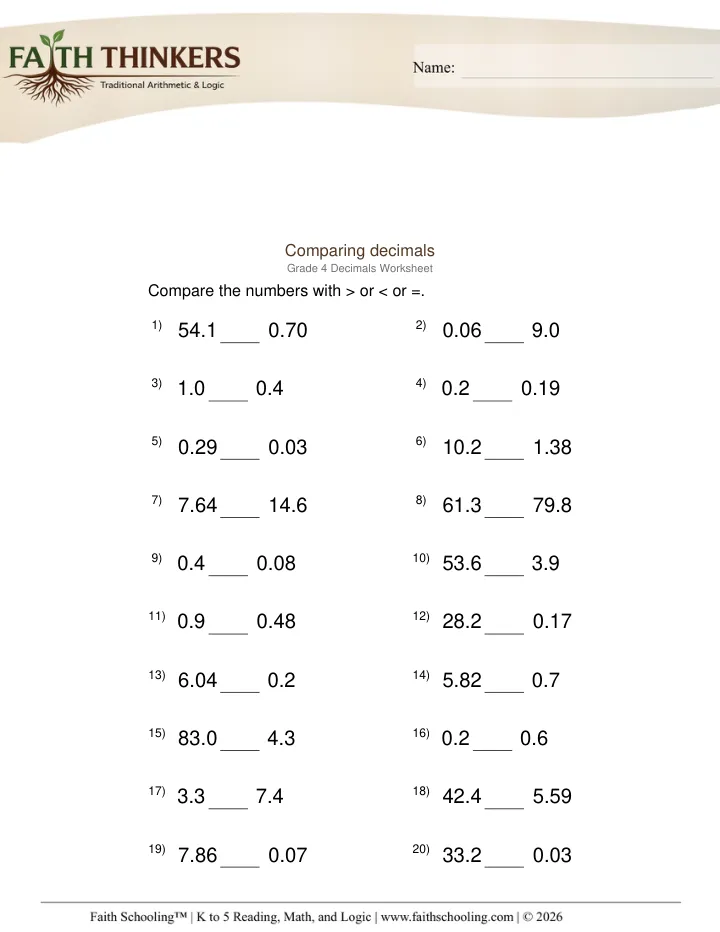 Comparing Ordering Decimals worksheet sample