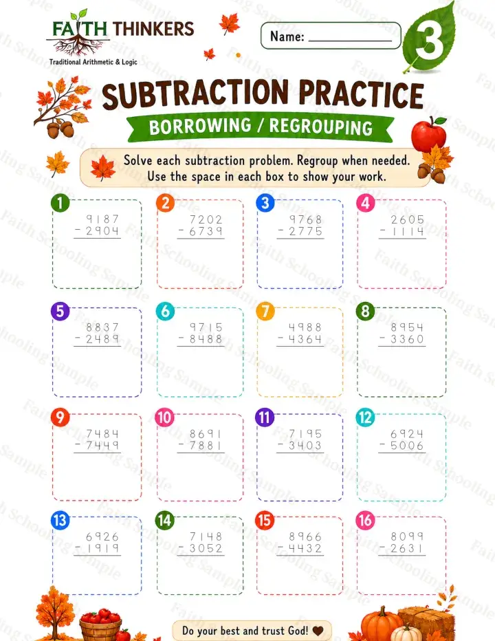 3rd Grade math worksheet — Fall Subtraction Practice 1 (free printable)
