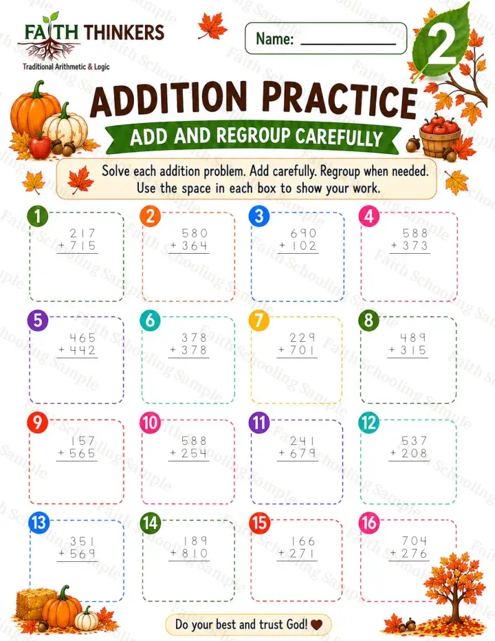 2nd Grade math worksheet — Fall Addition Practice 3 (free printable)