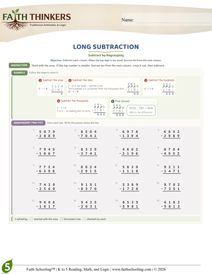 Longsubtraction worksheet sample