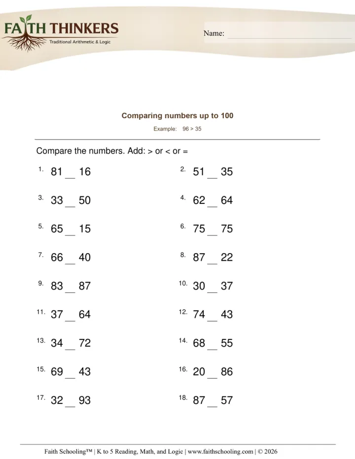 Comparing Numbers worksheet sample