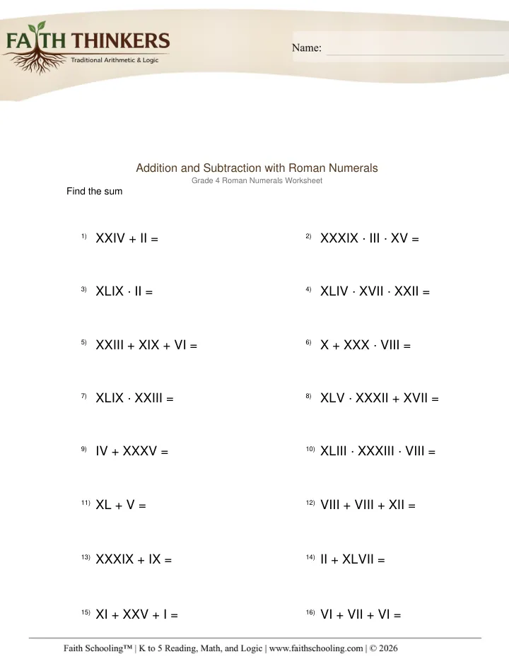 Roman Numerals worksheet sample