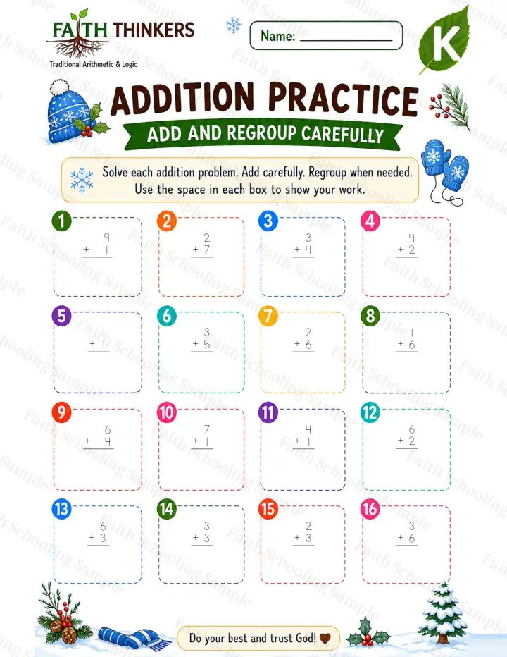 Kindergarten math worksheet — Winter Addition Practice 2 (free printable)