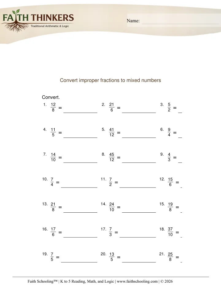 Mixed Numbers Improper Fractions worksheet sample