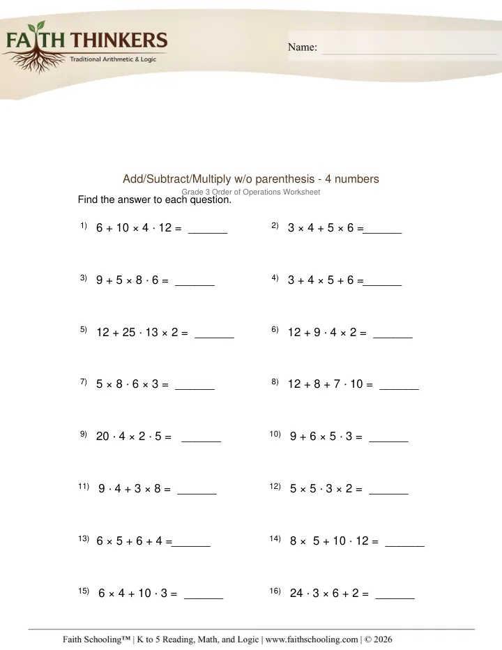 Order Operations worksheet sample