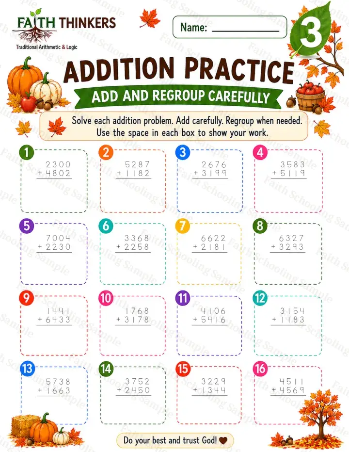 3rd Grade math worksheet — Fall Addition Practice 2 (free printable)