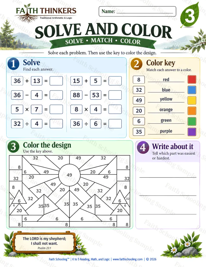 Grade 3 Solve And Color worksheet preview