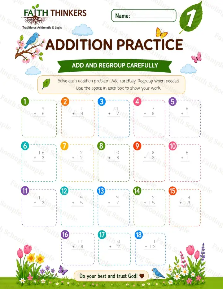 1st Grade math worksheet — Spring Addition Practice 3 (free printable)