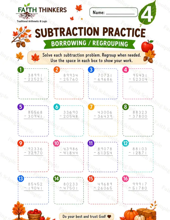 4th Grade math worksheet — Fall Subtraction Practice 2 (free printable)