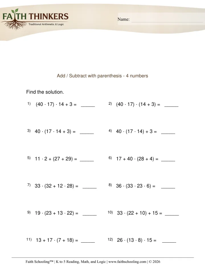 Order Operations worksheet sample