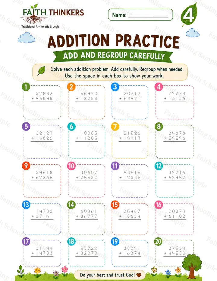 4th Grade math worksheet — Summer Addition Practice 1 (free printable)