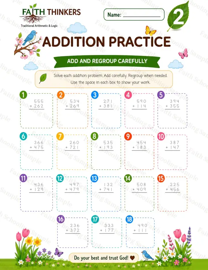 2nd Grade math worksheet — Spring Addition Practice 1 (free printable)