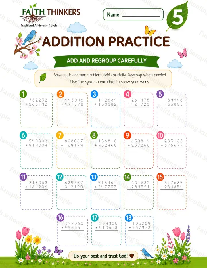 5th Grade math worksheet — Spring Addition Practice 2 (free printable)
